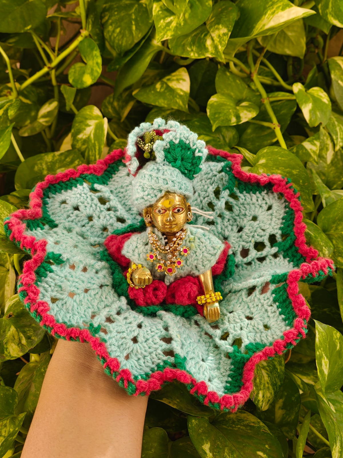 Mini crochet succulent plants in small terracotta-colored crocheted pots, set of three.